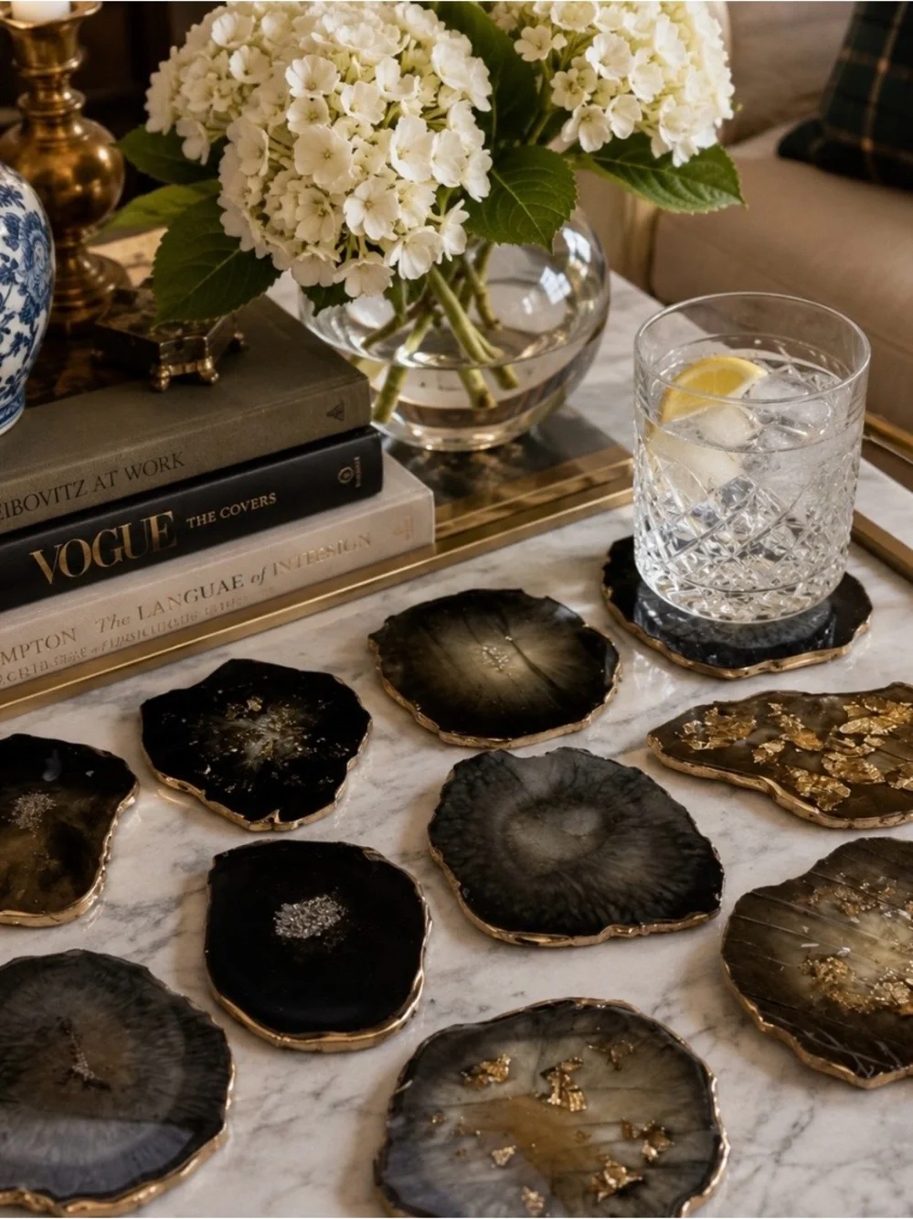 Luxury Agate-Style Resin Coasters Gold Edge Set of 10 Glam Decor